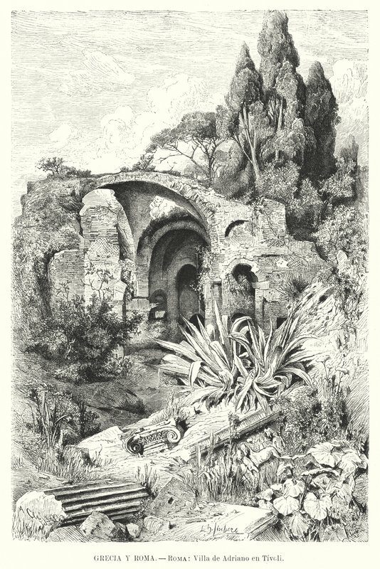 Hadrians villa, Tivoli, Italien (litho) af German School