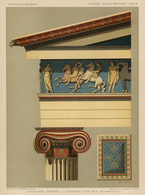 Ionisk entablatur (farve litho) af German School