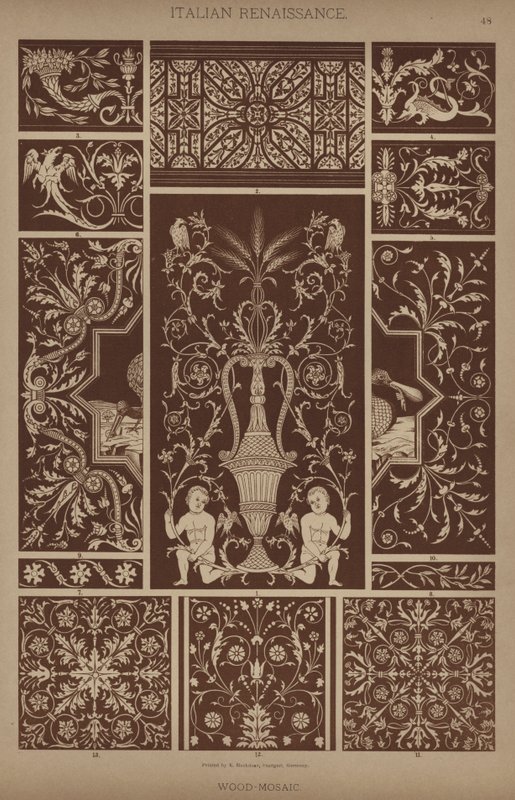 Italiensk renæssance, træ-mosaik (farve litho) af German School