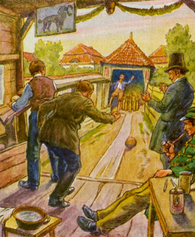 Kegelbahn / Bowlingbane (farvelitografi) af German School