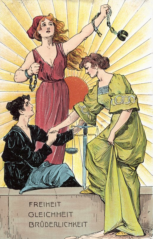 Frihed, lighed, broderskab (farve litho) af German School