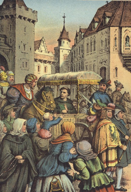Luthers indtog i Worms (chromolitho) af German School