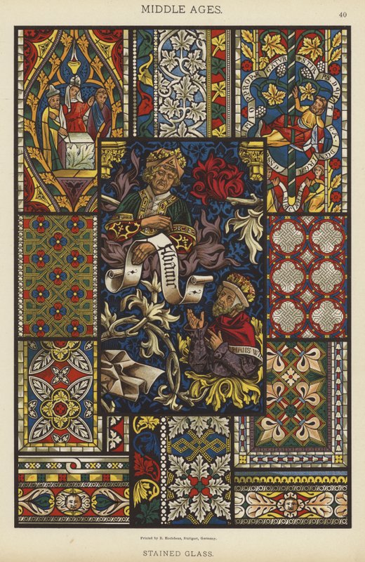 Middelalder, farvet glas (farve litho) af German School