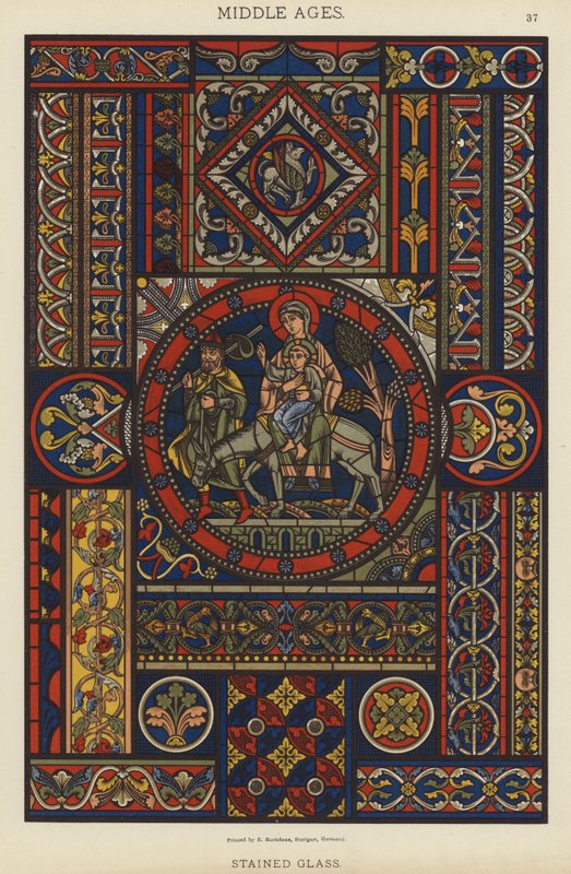 Middelalder, farvet glas (farve litho) af German School