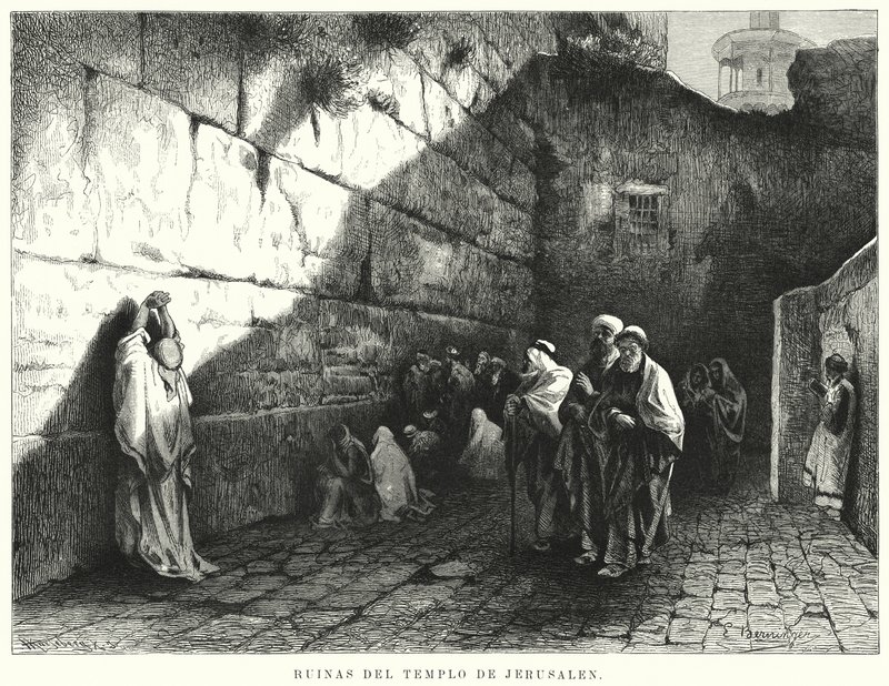 Ruinerne af Jerusalems tempel (litho) af German School