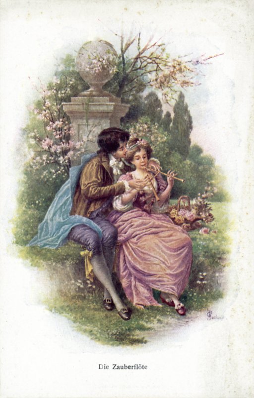 Scene fra Tryllefløjten (farve litho) af German School