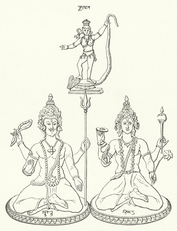 Shiva, Vishnu og Krishna, hinduistiske guder (gravering) af German School