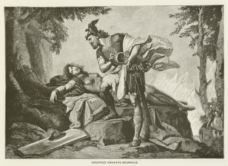 Siegfried vækker Brunhild (gravering) af German School