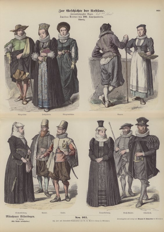 Schweiziske kostumer, midten af det 17. århundrede (farvet gravering) af German School