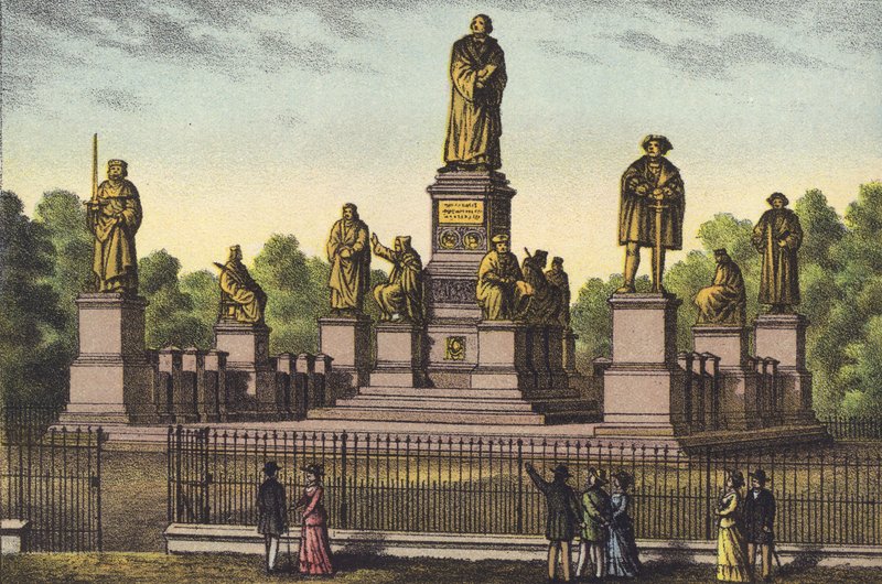 Luther-monumentet i Worms (chromolitho) af German School