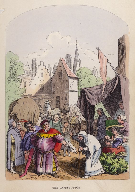 Den uretfærdige dommer (farve litho) af German School