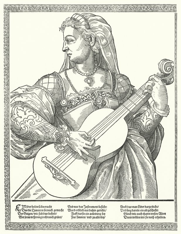 Kvinde spiller guitar (gravering) af German School