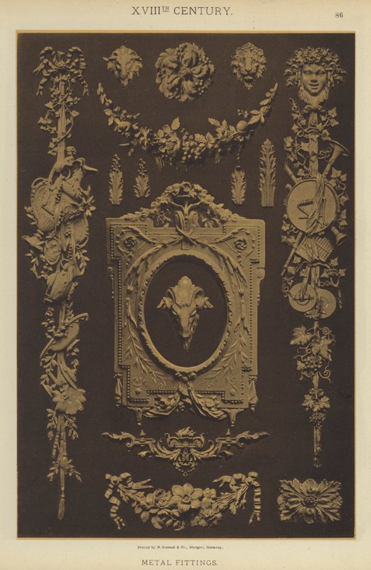 XVIII. århundrede, metalbeslag (farve litho) af German School