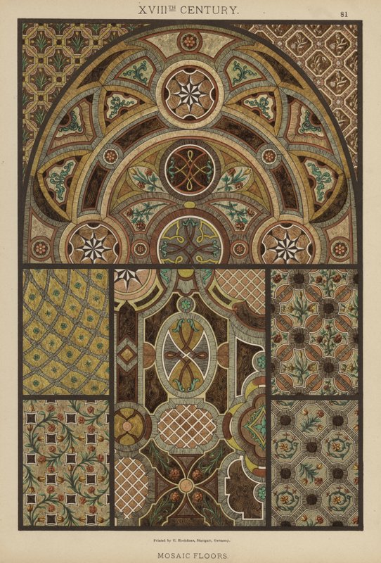 XVIII. århundrede, mosaikgulve (farve litho) af German School