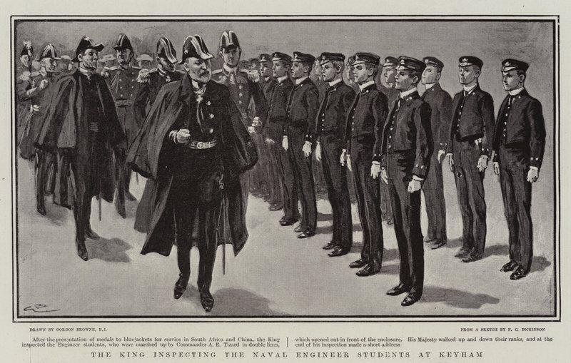 Kongen inspicerer søingeniørstuderende i Keyham af Gordon Frederick Browne