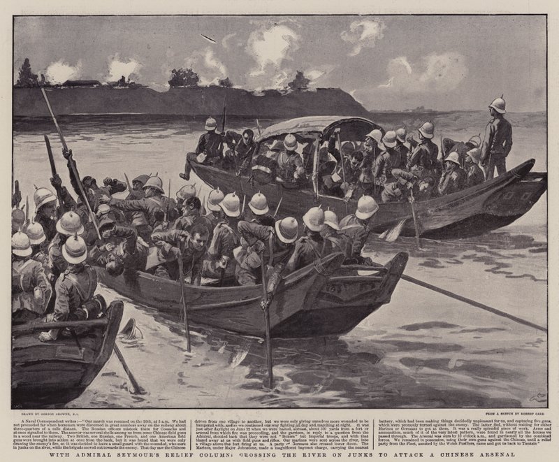 Med admiral Seymours nødhjælpssøjle, krydser floden på Junks for at angribe et kinesisk arsenal af Gordon Frederick Browne