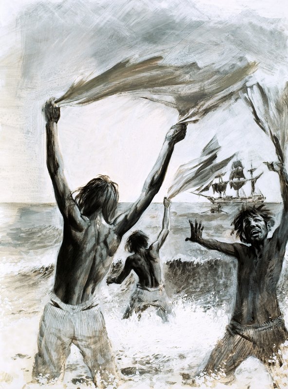 Skibbrudne på øen Asuncion (gouache på papir) af Graham Coton