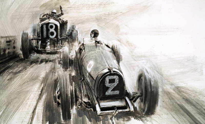 Tim Birkin kører på Brooklands af Graham Coton