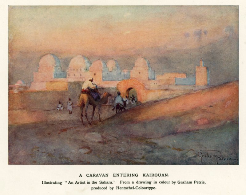 En campingvogn på vej ind i Kairouan (farve litho) af Graham Petrie