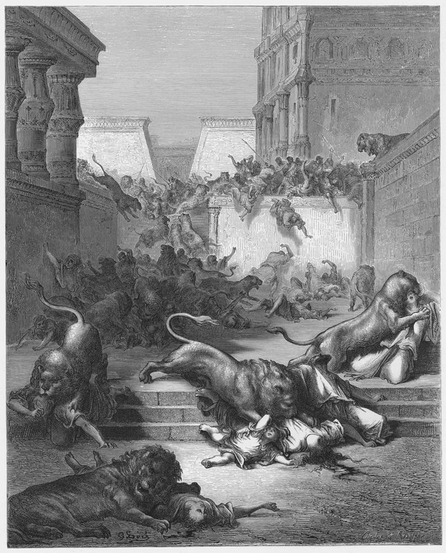 Gustave Dore Bibelen: De mærkelige nationer dræbt af løverne i Samaria af Gustave Dore
