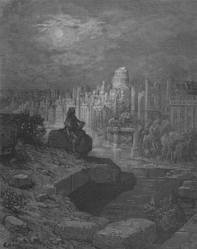 Rejsende vil sidde på ruinerne ved Themsen af Gustave after Dore