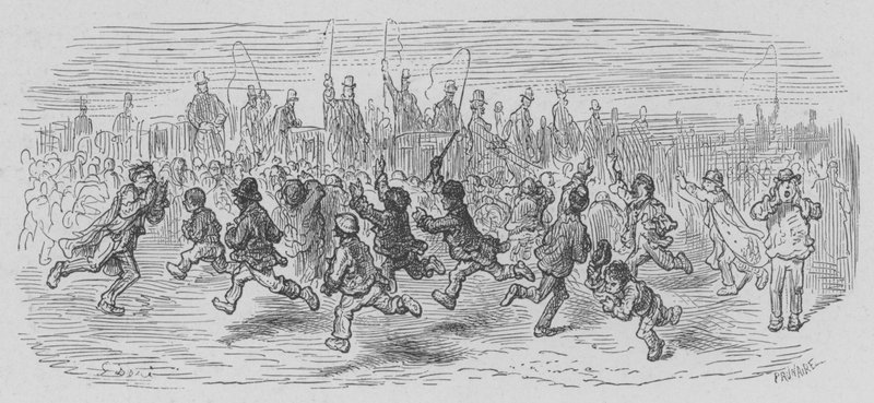 Bilskrigerne efter det store derbyløb af Gustave after Dore