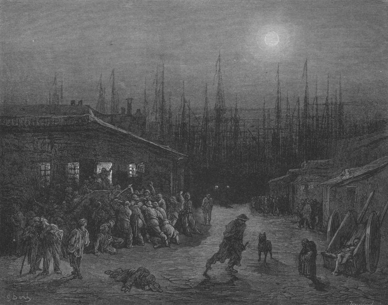 Tumult, om natten, i havnen af Gustave after Dore