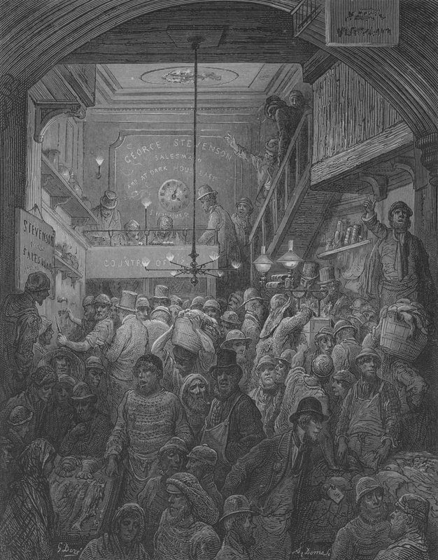 Salg af fisk hos The Criee af Gustave after Dore