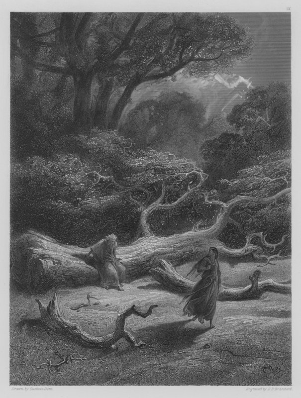Vivien omslutter Merlin i træet af Gustave after Dore