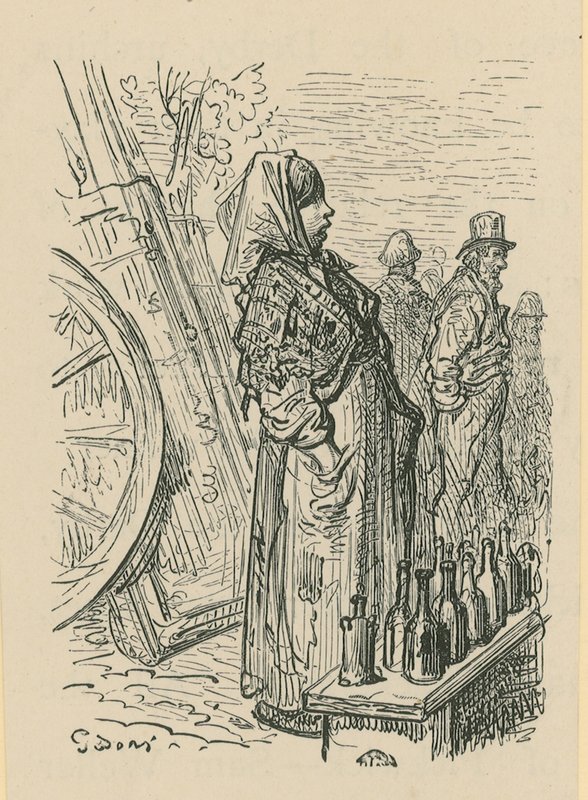 En kvinde, der sælger glasflasker af Gustave Dore