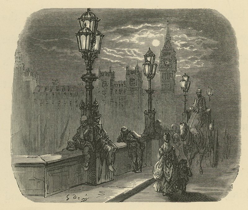 Folk og vogne på Westminster Bridge af Gustave Dore