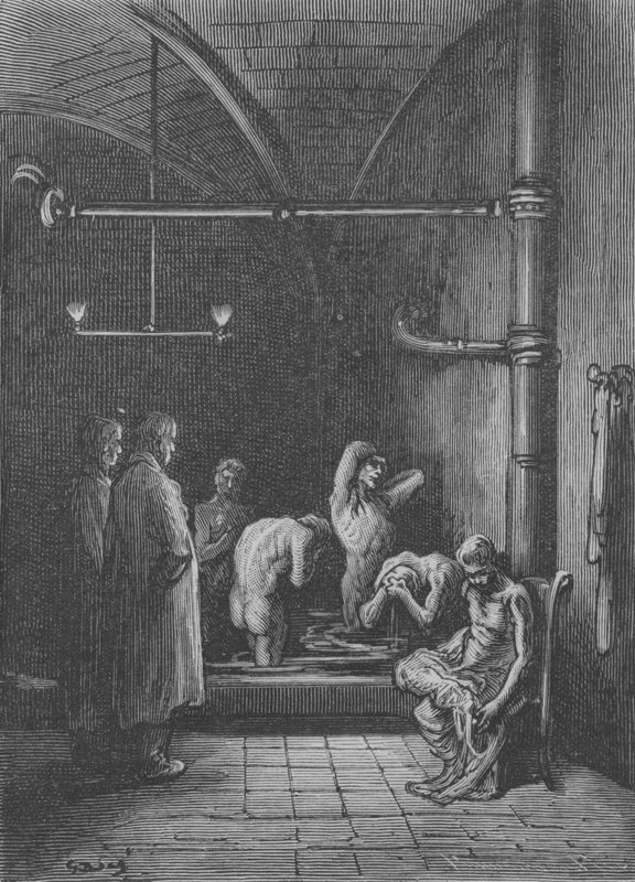 Toilettet i et tilflugtssted af Gustave after Dore