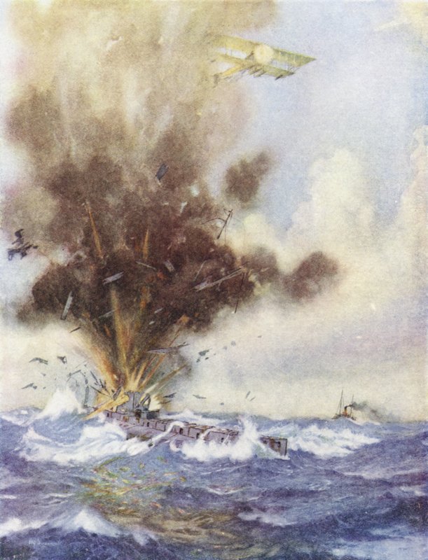 Eskadrilleleder Arthur Bigsworth angriber med bomber en tysk ubåd, som fyldes og synker ud for Oostende, Belgien, 26. august 1915 af H. G. Swanwick