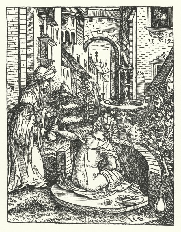 Bathsheba i hendes bad (gravering) af Hans (after) Burgkmair