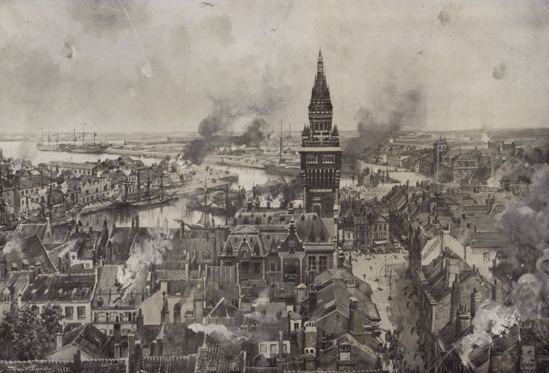 Bombardementet af Dunkerque (litho) af Hans W. (after) Schmidt