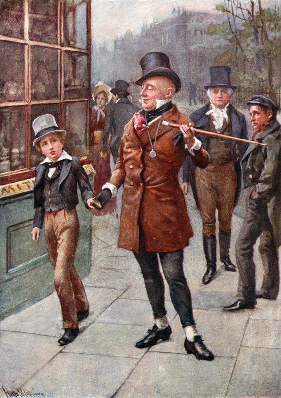 Mr. Micawber leder David hjem (farve litho) af Harold Copping