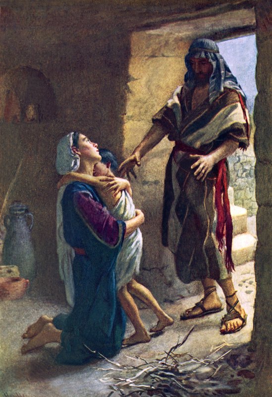 Enken fra Zarefat (farve litho) af Harold Copping