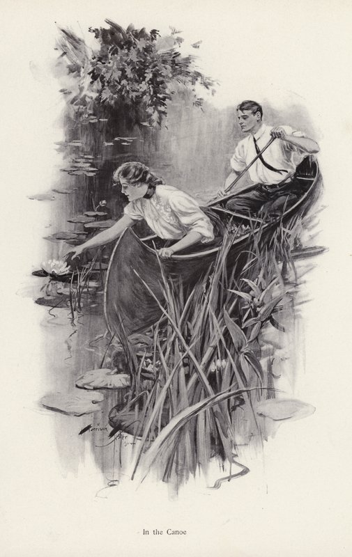 Mand og kvinde i en kano (litho) af Harrison Fisher