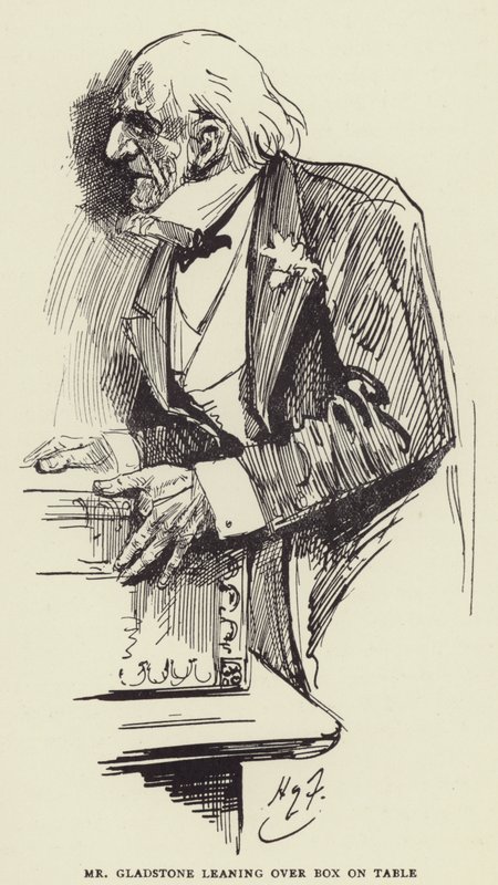 Gladstone læner sig over en kasse på bordet af Harry Furniss