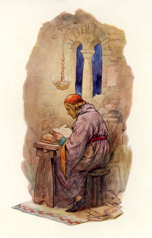 Merlin-læsning (farvelitografi) af Harry George Theaker