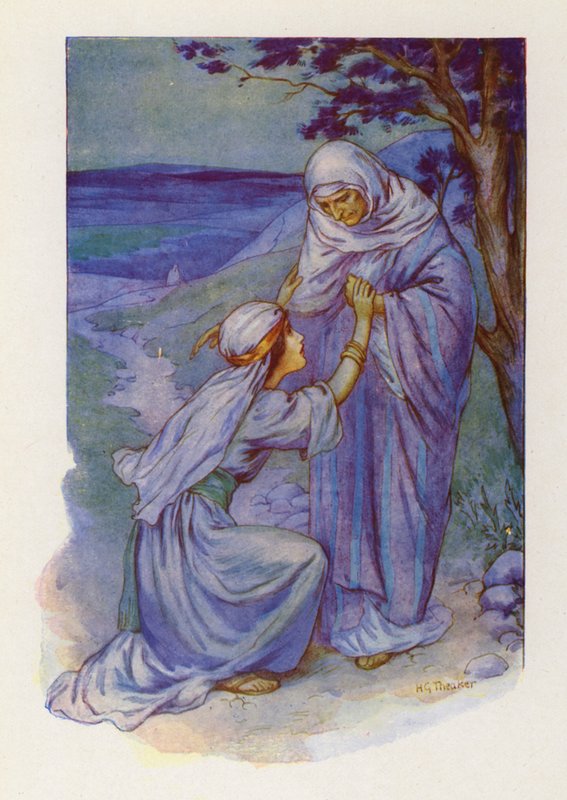 Ruth og Naomi (farvelitografi) af Harry George Theaker