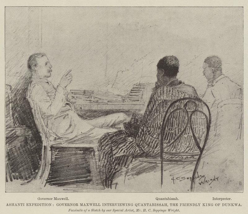 Ashanti Expedition, guvernør Maxwell interviewer Quantabissah, den venlige konge af Dunkwa af Henry Charles Seppings Wright