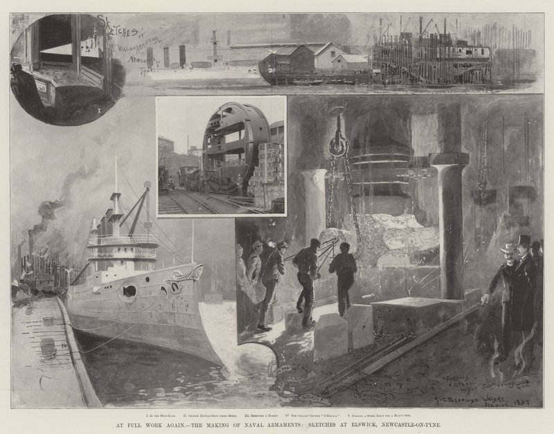 På fuld arbejde igen, fremstilling af flådevåben, skitser ved Elswick, Newcastle-on-Tyne af Henry Charles Seppings Wright