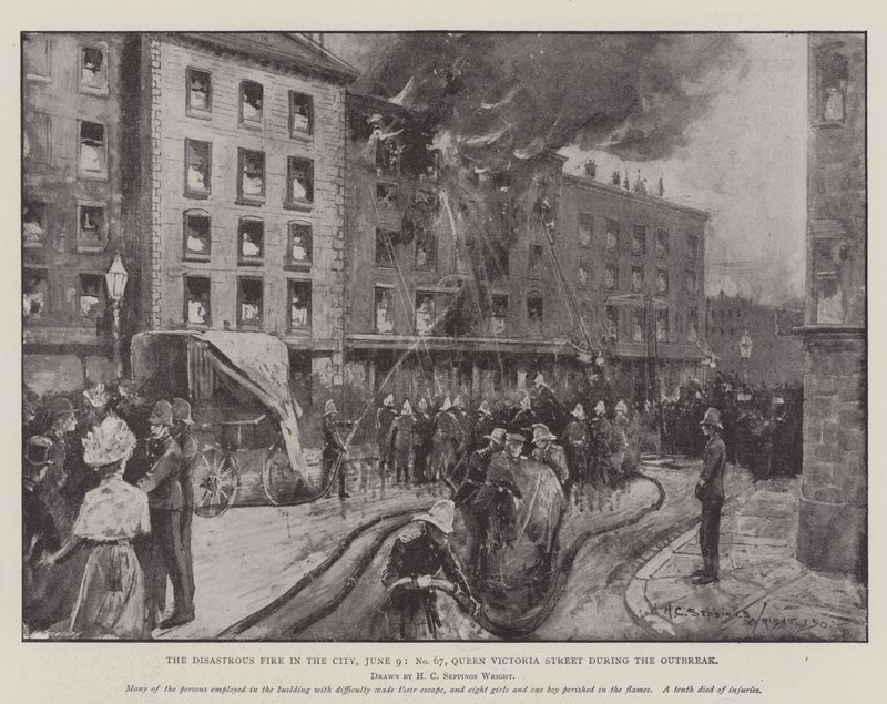 Den katastrofale brand i byen, 9. juni, nr. 67, Queen Victoria Street under udbruddet af Henry Charles Seppings Wright