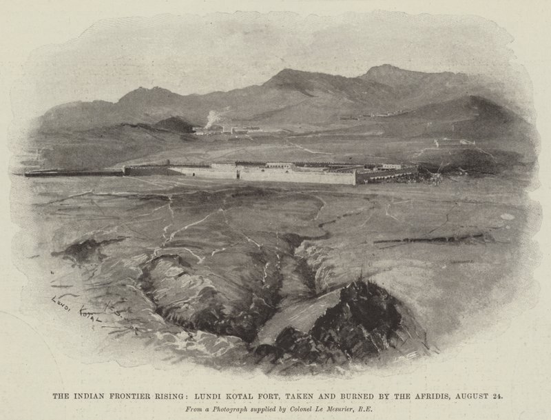 Indian Frontier Rising, Lundi Kotal Fort, taget og brændt af Afridis, 24. august af Henry Charles Seppings Wright