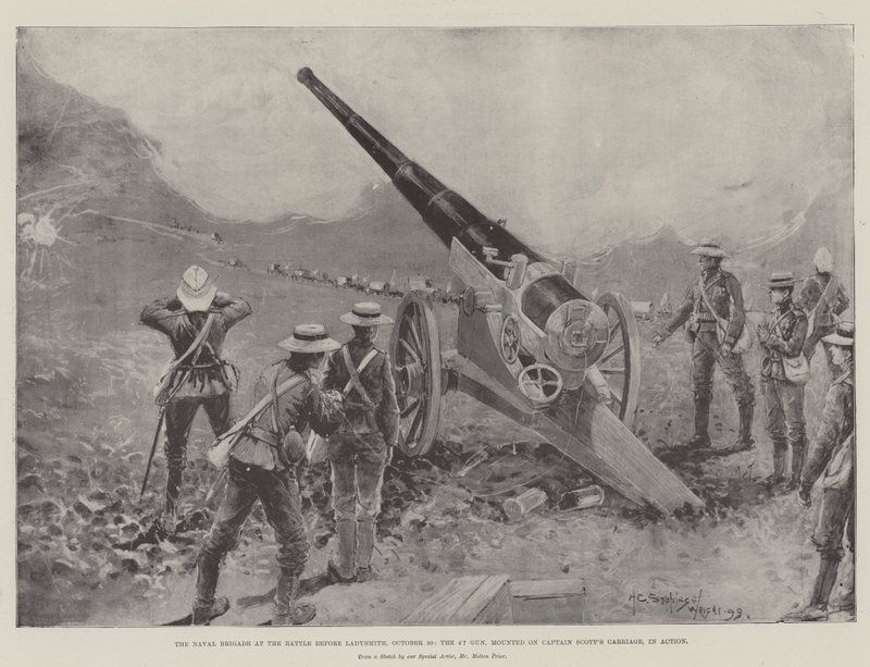 Søværnets brigade i slaget ved Ladysmith, 30. oktober, 4,7-kanonen, monteret på kaptajn Scotts vogn, i aktion af Henry Charles Seppings Wright