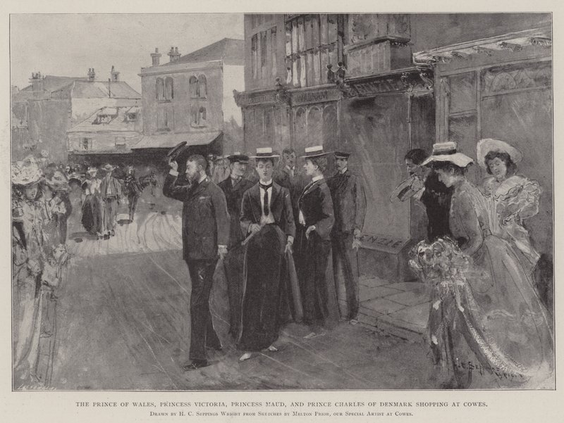 Prinsen af Wales, prinsesse Victoria, prinsesse Maud og prins Charles af Danmark shopper hos Cowes af Henry Charles Seppings Wright