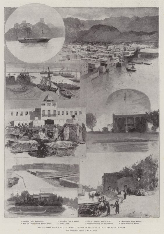 Den rapporterede franske gevinst i Muscat, scener i Den Persiske Bugt og Oman-bugten af Henry Charles Seppings Wright