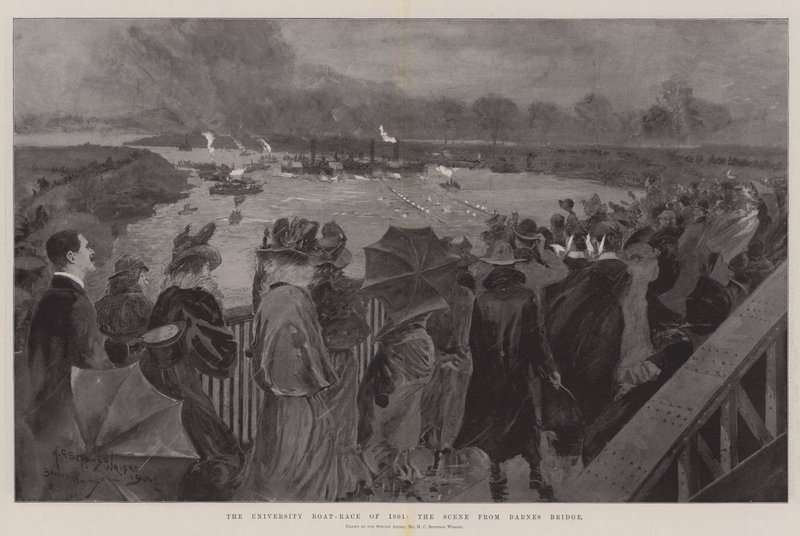 University Boat-Race i 1901, scenen fra Barnes Bridge af Henry Charles Seppings Wright