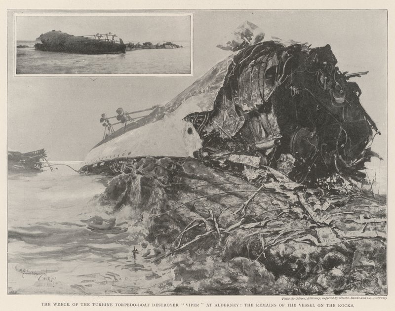 Vraget af turbintorpedobåden Viper ved Alderney, resterne af skibet på klipperne af Henry Charles Seppings Wright